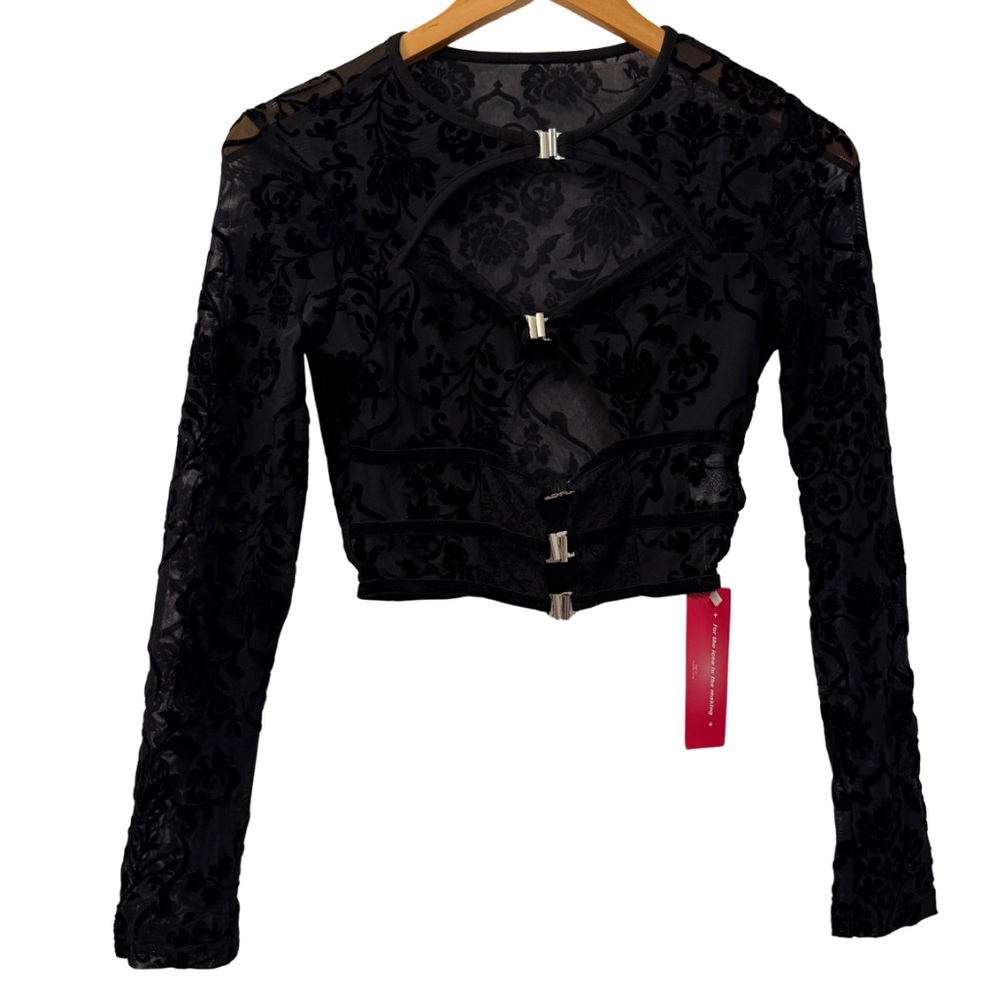 SHEIN ICON Black Velvet Floral Mesh Cutout Long Sleeve Top, Size Small, NWT